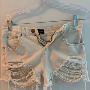 PrettyLittleThing Off-White Distressed Jean Shorts